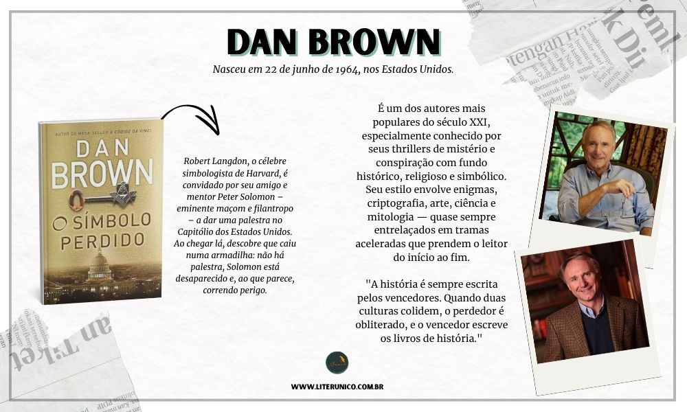 Homenagem a  Dan Brown.

É um escritor norte-americano mundialmente conhecido por seus thrillers que misturam arte, ciência, religião, história e códigos secretos. Ele nasceu em 22 de junho de 1964, nos Estados Unidos, e alcançou fama internacional com o best-seller "O Código Da Vinci".

"A linguagem simbólica é a chave para entender o passado."
—  "O Código Da Vinci" 

O símbolo perdido (Robert Langdon - Livro 3):  <a href="https://www.literunico.com.br/books/861">Aqui!</a> 

#aniversárioliterário
#diadecelebrarescritor
