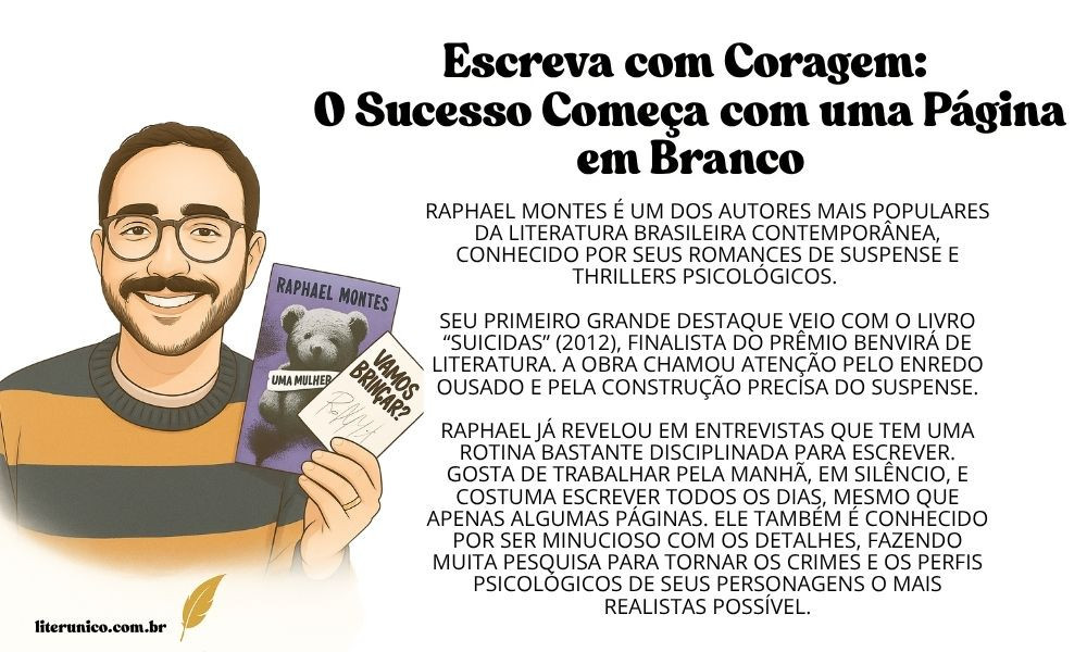 ✍️ Dicas  para quem está começando a escrever:

1. Leia muito, especialmente no gênero que você quer escrever.
Raphael sempre reforça que bons escritores são, antes de tudo, grandes leitores. Ele recomenda estudar os autores que você admira  e entender como eles constroem personagens, criam tensão, ou encerram capítulos.

2. Escreva todos os dias, nem que seja uma página.
A rotina é fundamental. Raphael já disse que mesmo quando não está “inspirado”, ele escreve, porque a disciplina é mais confiável que a inspiração.

3. Comece por um conto.
Ele mesmo começou escrevendo contos antes de partir para os romances. Para iniciantes, é uma boa forma de praticar estrutura, ritmo e final impactante.