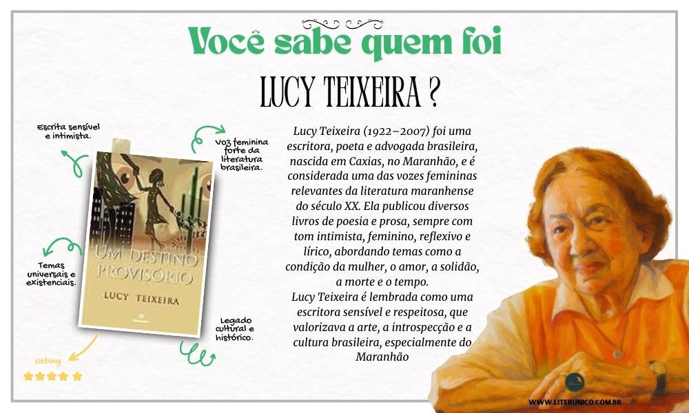 Homenagem à Lucy Teixeira  (1922–2007).

Lucy foi uma poeta, romancista e contista brasileira. Formada em Direito pela Universidade Federal de Minas Gerais, participou ativamente da cena literária ao lado de nomes como Otto Lara Resende, Paulo Mendes Campos, Fernando Sabino e Murilo Rubião. Foi a quinta mulher a ocupar uma das cadeiras da Academia Maranhense de Letras, sendo eleita em 28 de março de 1978 .

"Na plantação há somente a perspectiva de uma viagem,
Quando um dos plantadores cai, em definitivo cuidadosamente é posto numa caixa – justo do seu tamanho – e um lenço lhe cobre a face."
— Elegia Fundamental

Um Destino Provisorio: <a href="https://www.literunico.com.br/books/997">Aqui!</a> 

#aniversárioliterário