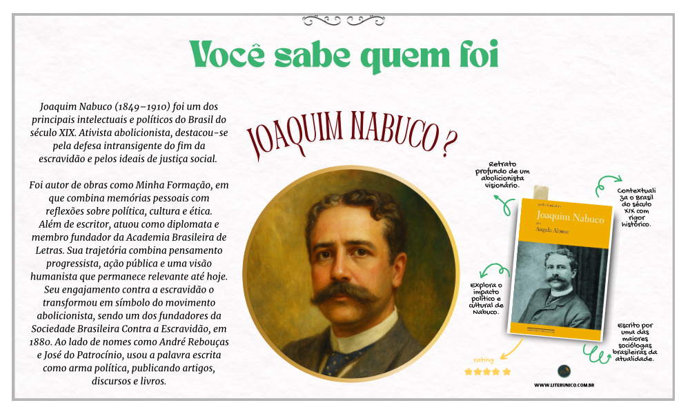 Joaquim Nabuco foi mais que um político: foi um pensador que lutou com palavras pela liberdade. Um dos maiores nomes do abolicionismo no Brasil, uniu literatura, diplomacia e justiça social em uma trajetória marcada por elegância intelectual e coragem moral. Sua escrita ainda ecoa — com ideias que continuam atuais.

Joaquim Nabuco: <a href="https://www.literunico.com.br/books/1090">Aqui!</a>

#literunico #JoaquimNabuco #HistóriaEmPalavras