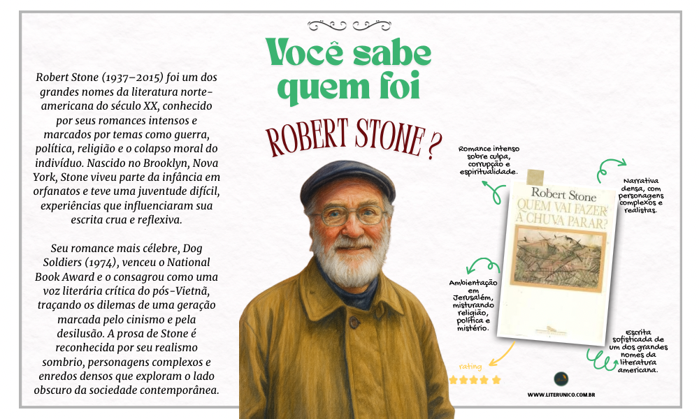 Robert Stone escrevia como quem atravessa zonas de conflito, externas e internas.
Seus romances expõem o lado sombrio da fé, da guerra, da política e da alma humana.
Com uma prosa intensa e crítica, ele mostrou que viver no mundo moderno é muitas vezes uma forma de combate.

Quem vai fazer a chuva parar?: <a href="https://www.literunico.com.br/books/1092">Aqui!</a>

#literunico #RobertStone #FicçãoAmericana