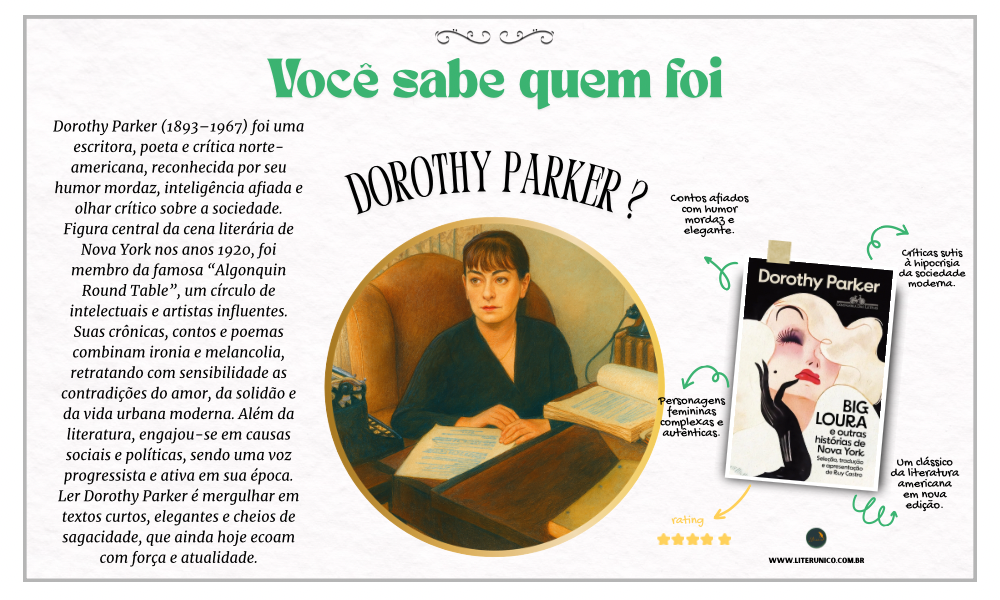 Dorothy Parker escrevia com ironia cortante e sensibilidade à flor da pele.
Entre poemas, contos e frases memoráveis, fez da inteligência uma forma de defesa e da literatura um espelho afiado da vida moderna.
Sua escrita mistura humor e dor como quem ri para não desabar.

Big Loura e outras histórias de Nova York: <a href="https://www.literunico.com.br/books/1099">Aqui!</a>

#literunico #DorothyParker #PoesiaIrônica
