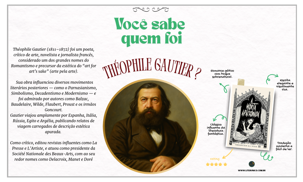 Théophile Gautier (1811–1872) foi um poeta, romancista, dramaturgo e crítico de arte francês, conhecido por sua defesa da arte pela arte (l'art pour l'art), um conceito central ao movimento simbolista e posteriormente ao parnasianismo. Seu estilo é marcado pela linguagem refinada, musicalidade dos versos e um apuro estético que influenciou profundamente a poesia moderna.

A Morta Apaixonada: <a href="https://www.literunico.com.br/books/1109">Aqui!</a>

#literunico #ThéophileGautier #poesiafrancesa