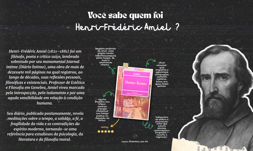 Explorador da alma e do silêncio interior. ✨📖
Henri-Frédéric Amiel registrou em seu Diário Íntimo as angústias, esperanças e contradições humanas, criando uma obra de profunda introspecção. Sua escrita é um convite ao autoconhecimento e à reflexão existencial.

Diário Íntimo: https://www.literunico.com.br/books/1276

#literunico #HenriFredericAmiel #filosofia