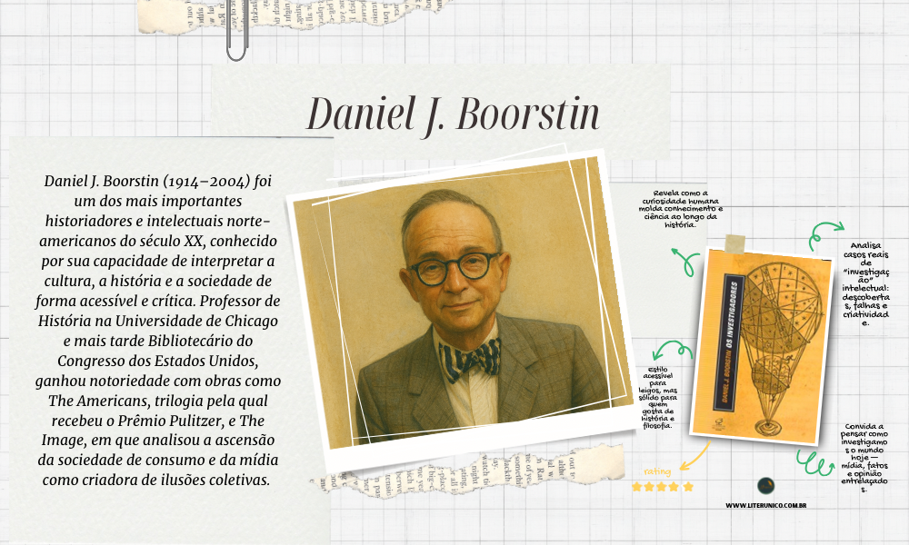 ✨ Daniel J. Boorstin (1914–2004) foi historiador, professor e bibliotecário do Congresso dos EUA, conhecido por sua capacidade de transformar o estudo da história e da cultura em narrativas acessíveis e fascinantes. Autor de obras como Os Descobridores e Os Criadores, explorou as grandes invenções e ideias que moldaram o mundo. Sua escrita aproxima passado e presente, revelando como a curiosidade humana constrói a civilização. 📚✨

Os investigadores: <a href="https://www.literunico.com.br/books/1279">Aqui!</a>

#DanielBoorstin #literunico #historia