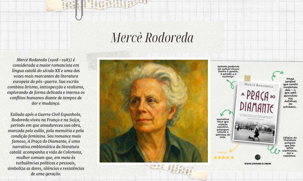 ✨ Mercè Rodoreda (1908–1983) é considerada a maior romancista em língua catalã do século XX. Sua obra mais conhecida, A Praça do Diamante, retrata com lirismo e intensidade a vida de uma mulher comum em meio às dores da guerra e das transformações sociais. Com uma prosa delicada e profunda, Rodoreda deu voz à memória, à identidade e à resistência feminina. 📚✨

A praça do diamante: <a href="https://www.literunico.com.br/books/1306">Aqui!</a>

#MerceRodoreda #literunico #literatura