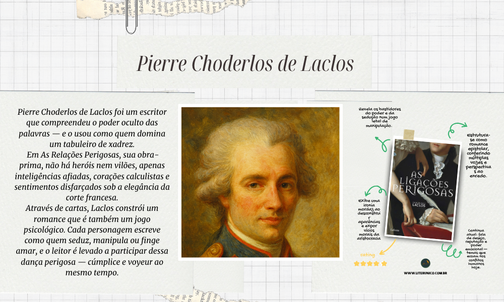 Autor de Ligações Perigosas, Laclos transformou o desejo em literatura e a sedução em arte.
Escreveu sobre o poder, o jogo e o perigo escondido nas palavras.
Sua obra revela o coração humano — elegante, cruel e irresistível.

“A razão é o disfarce mais delicado do desejo.”

As Ligações Perigosas: <a href="https://www.literunico.com.br/books/1352">Aqui!</a>

#Literunico #AutorDoDia #PierreLaclos #LiteraturaFrancesa #Classicos #LigaçõesPerigosas #PoesiaDoPensar