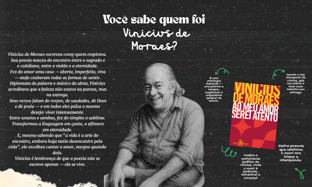 Poeta do amor, da música e da vida.
Fez da palavra um gesto de ternura
e do instante, uma eternidade.

Ao meu amor serei atento: <a href="https://www.literunico.com.br/books/1353">Aqui!</a>

#Literunico #ViniciusDeMoraes #AutorDoDia #PoesiaBrasileira #AmorEmVerso #Clássicos