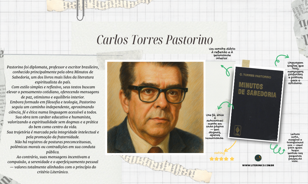 Autor de Minutos de Sabedoria, Pastorino deixou um legado de serenidade e espiritualidade prática. Suas reflexões simples e profundas atravessam gerações, convidando à paz interior e à confiança na vida.
Com linguagem acessível, ele transformou o cotidiano em espaço de aprendizado e fé.

📖 “A sabedoria está nas pequenas atitudes, repetidas com amor e consciência.”

Minutos de sabedoria: <a href="https://www.literunico.com.br/books/1407">Aqui!</a>

#CarlosTorresPastorino #MinutosDeSabedoria #LiteraturaEspiritual #Sabedoria #LeituraDoDia #LiterunicoJornal