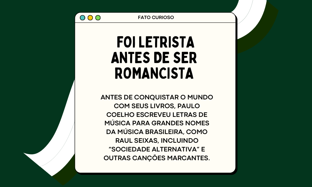 ✨ Paulo Coelho — três curiosidades sobre o autor que encantou o mundo

Você sabia que um dos escritores mais traduzidos da história começou como letrista de Raul Seixas? Ou que sua caminhada pelo Caminho de Santiago mudou completamente sua vida,e sua literatura?
Paulo Coelho é feito de reinvenções, viagens internas e uma fé profunda no poder das histórias. Não é por acaso que O Alquimista atravessa fronteiras como quem reconhece almas pelo caminho.

Porque alguns autores não escrevem apenas livros,escrevem destinos. ✨

#PauloCoelho #Literunico #AutorDoDia #CuriosidadesLiterárias #OAlquimista #LiteraturaBrasileira #LeituraQueInspira