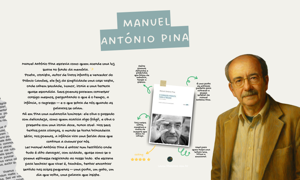 Manuel António Pina escrevia como quem escuta o silêncio por dentro. 🌿✨

Nos seus poemas, o tempo dobra, a infância regressa devagar e as palavras andam descalças, escolhendo com cuidado onde pisam. Há nele uma ternura discreta, uma melancolia que não pesa, apenas acompanha.
Ler Pina é como abrir uma janela antiga: o mundo entra suave, cheio de ar, memória e luz.

O coração pronto para o roubo: Poemas <a href="https://www.literunico.com.br/books/1434">Aqui!</a>

#ManuelAntonioPina #Literunico #AutorDoDia #PoesiaPortuguesa #LeituraPoética #PrêmioCamões