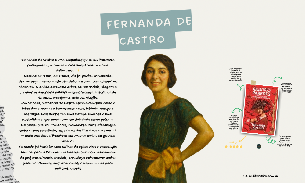 Fernanda de Castro — a voz que guardou a luz das coisas simples 
Poeta, romancista, tradutora, mulher de cultura — Fernanda de Castro escreveu com a suavidade de quem vê beleza no que quase passa despercebido.
Nos seus versos, há memória, amor, claridade. Nas suas memórias, há vida. E nos seus livros, um mundo inteiro feito de delicadeza e força.

Ler Fernanda de Castro é reencontrar um Portugal íntimo, humano e luminoso — aquele que só a literatura é capaz de revelar. 

Quatro paredes: Capítulo extra de Mariposa Vermelha: https://literunico.com.br/books/1451

#FernandaDeCastro #Literunico #AutorDoDia #PoesiaPortuguesa #LiteraturaLusófona #LeituraPoética #Escritoras #LeitoresDoBrasil