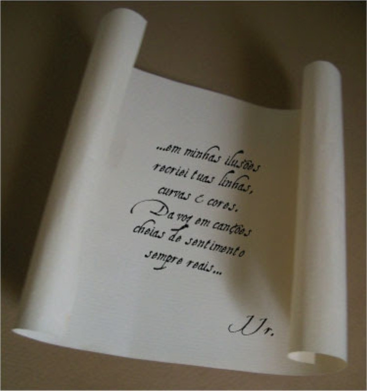 Cartas. 

"...em minhas Ilusões
Recriei tuas linhas,
Curvas & cores.
Da voz em canções
Cheias de sentimento
Sempre reais..."

JJr.