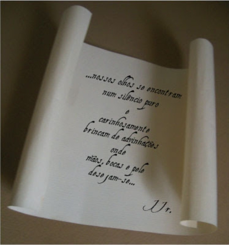 Cartas. 

"...nossos olhos se encontram
Num silêncio puro
E
Carinhosamente 
Brincam de adivinhações 
Onde
Mãos,  bocas e pele
Desejam-se..."

JJr.