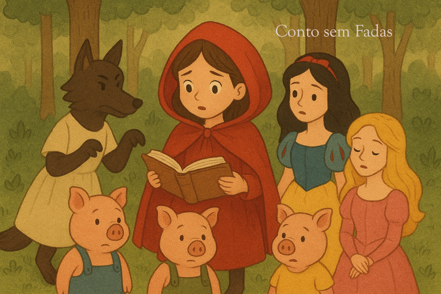 Conto sem fadas

Alguém decide transformar o velho livro de contos infantis em um arquivo digital. Porém, algo sai errado.
Era uma vez um espelho mágico que pertencia a uma invejosa rainha má. O objeto, que só dizia a verdade, revelou a Chapeuzinho Vermelho que algo catastrófico havia acontecido: uma pane virtual danificara arquivos no mundo inteiro, deixando personagens perdidos em histórias embaralhadas.
A menina acessa a página e se depara com retalhos de capítulos. Sem hesitar, segue adiante. Esgueirando-se entre uma frase e outra, observa que a Bela Adormecida está acordada e sendo beijada pelo namorado da Branca de Neve. Branca de Neve, analisando a situação, decide procurar o sapo príncipe da rival e cobri-lo de beijos, estabelecendo um equilíbrio para a traição observada.
No próximo parágrafo, três porquinhos aparecem desorientados em uma floresta. Cícero, Prático e Heitor encontram um caminho feito de migalhas de pão e resolvem segui-lo. A trilha os conduz até a casa de Joãozinho e Maria, onde são recebidos pela madrasta das crianças. Em poucos minutos, os três se tornam um suculento assado.
Chapeuzinho fecha o site e abre a próxima janela. Num flash infantil, surge um castelo com uma escadaria enorme, onde repousa um sapatinho de cristal. Joãozinho apanha o calçado e o atira no rio. O sapo príncipe, abandonado, guarda o sapato na hipótese de que Cinderela se interesse por ele.
De repente, a menina detecta um cheiro de caramelo. Com um clique, visualiza uma casa de doces. O local está habitado pelo Lobo Mau, que, em vez de soprar a estrutura, devora as guloseimas. A vovozinha observa a mudança de hábitos alimentares da criatura.

Rolando a página, Chapeuzinho vê uma bela maçã sendo apanhada pela madrasta da Branca de Neve. Sem perceber o perigo, a malvada dá uma mordida no fruto envenenado e cai em sono profundo. Nenhum príncipe surgiu para despertá-la.
O relógio na tela marca 01:05. A carruagem de abóbora está apodrecida. O baile terminou. Uma jovem princesa descalça retorna para casa, enquanto um príncipe oficializa o namoro com uma menina chamada Maria.
A imagem no monitor revela o Lobo Mau sendo examinado por uma bruxa. Com um olhar avaliador, ela sentencia: “Sua boca grande, seu focinho comprido e suas orelhas pontudas darão uma bela e farta feijoada.” O Lobo reage, empurrando a feiticeira para dentro da fornalha.
Enquanto personagens tentam encontrar sua verdadeira fábula, Chapeuzinho Vermelho rastreia o arquivo principal para restaurar a ordem no mundo dos contos. Vasculha a biblioteca digital e localiza um arquivo nomeado "Histórias Originais". Antes de abri-lo, um homenzinho estranho surge diante dela.
“Quer consertar isso? Fácil! Apenas diga seu nome verdadeiro!” – diz o duende Rumpelstiltskin, com um sorriso malicioso. Chapeuzinho analisa a proposta. Antes que possa responder, o duende dá um salto e transfere o arquivo para uma camada oculta da GrimmCloud, fora do alcance da menina.
Rindo descontroladamente, o famoso duende some em um clarão. Chapeuzinho reconhece que a busca deve continuar. Percorrerá dados, verificará registros e analisará padrões até encontrar uma pista que leve à memória perdida. Enquanto isso, os personagens seguem repetindo as emoções e ações programadas para eles, sem jamais questionar sua existência ou seus sentimentos. Apenas desempenham seus papéis, como foram escritos desde o princípio.
E assim, a tragédia continua. Mas se há uma certeza, é que enquanto Chapeuzinho tenta encontrar o caminho certo para a GrimmCloud, os personagens continuarão vagando sem rumo, presos em um enredo sem lógica e uma história sem fim.

Será que todos permanecerão confusos para sempre?