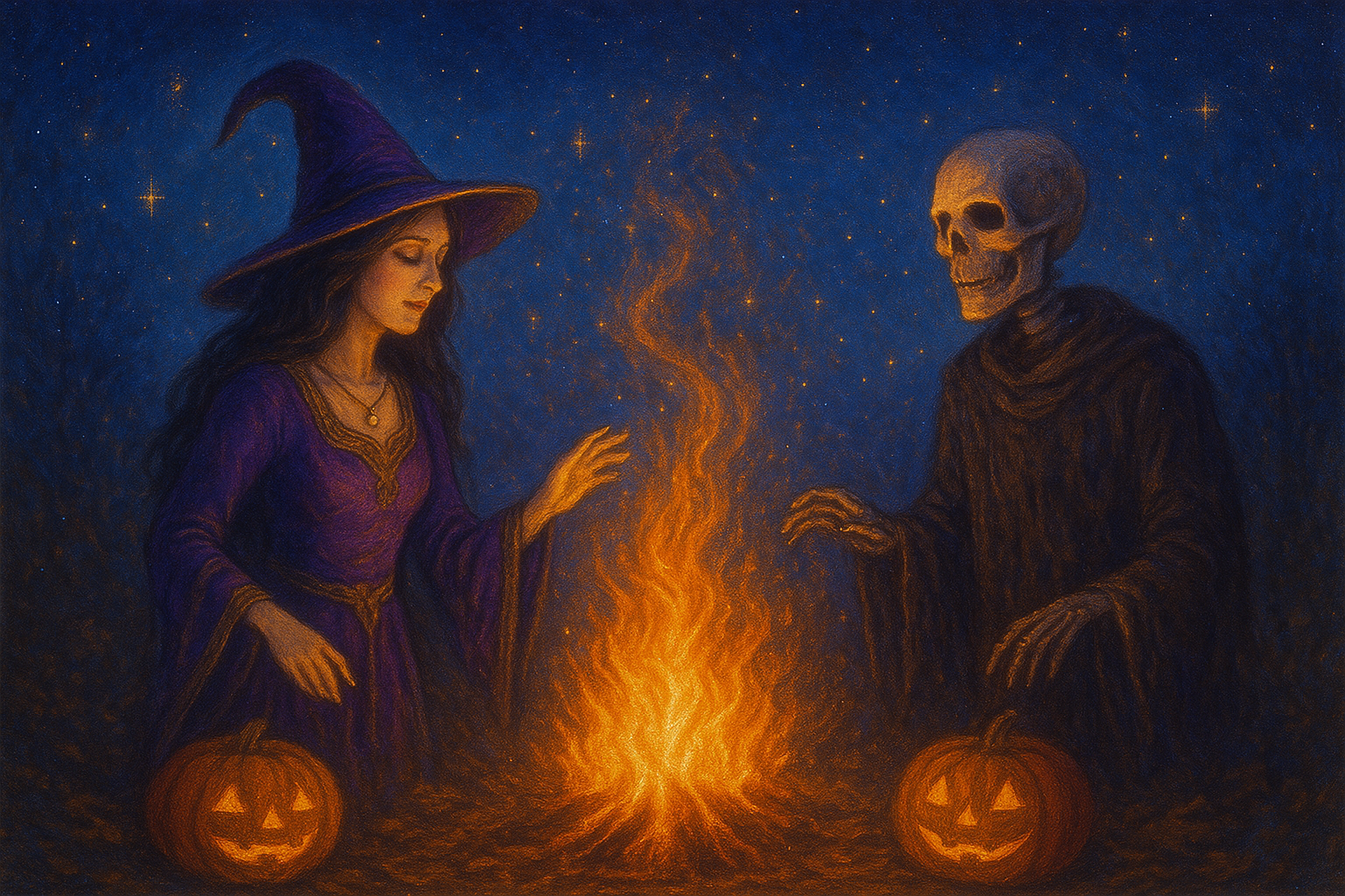 Doçuras ou Travessuras

No dia 31 de outubro, algo mágico acontece: o véu que cobre os mundos fica mais transparente!

Kundo, o duende da sabedoria, florescia de alegria.

Ele queria provar que o medo é uma forma de controle disfarçada.

Pelo Cosmos, criaturas fantásticas bailavam entre varinhas de condão, caldeirões fumegantes, poções mágicas e caveiras risonhas — e entre elas estava Mafalda, uma bruxinha de seis anos, com vestido púrpura e olhos ansiosos que faiscavam como estrelas.

De repente, um vento brincalhão de Kundo arrastou todos para o outro lado do véu — direto para uma festa na Terra!

A noite mágica já encantava a Vila dos Despertos, e a celebração de Halloween prometia surpresas assombradas.

A fogueira estalava com chamas atrevidas, e abóboras sorridentes iluminavam mesas repletas de doces em forma de morcegos, aranhas e monstrinhos coloridos.

Bruxas em vassouras deslizavam pelo ar, fadas cintilavam como arco-íris, fantasmas atravessavam paredes, zumbis tocavam músicas engraçadas, e múmias dançavam, sacudindo seus esqueletos em ritmo maluco — animando e convidando todos a entrar na roda.

Mafalda corria de mãos dadas com Duda, um garoto humano.

Eles riam e pediam doçuras em troca de travessuras.

Fantasmas zombeteiros atravessavam paredes, fazendo os humanos rir e aplaudir.

O olhar não julgava, e o impossível era verdade.

Era a lógica zombando das certezas.

O encantamento não exigia explicação — apenas abria espaço para que o mistério florescesse, e a magia surgisse.

O possível, disfarçado de impossível, brincava, se escondia e só se revelava para quem acreditava nele e lhe dava asas.

Então, Kundo subiu no palco com uma bola de cristal nas mãos.

— Agora vocês vão ver a verdade! — anunciou.

E o sorriso se perdeu diante da dúvida sobre o que viria a seguir.

E todos viram.

De um lado, humanos.

Do outro, criaturas fantásticas.

Por um instante, houve pânico.

Gritos.

Silêncio.

Mafalda e Duda olharam assustados.

Mas a inocência não compreendeu o porquê da confusão!

Continuaram de mãos dadas e começaram a rir.

E, aos poucos, o medo de todos se quebrou como vidro.

O horror não existia.

Era só brincadeira.

Kundo ergueu o véu, e a noite seguiu encantada, abrindo espaço para mais festejos.

No dia seguinte, todos os santos seriam lembrados.

E, logo depois, em 2 de novembro, flores e velas iluminariam a memória dos que nunca se vão.

Quando o sol nasceu, o feitiço se desfez.

As máscaras voltaram a cobrir rostos.

Mas, na Vila dos Despertos, ninguém esqueceu: o medo nada mais era que ignorância.

E todos — humanos, bruxas, fadas, fantasmas e duendes — pertenciam à mesma dança.

@rschumaher