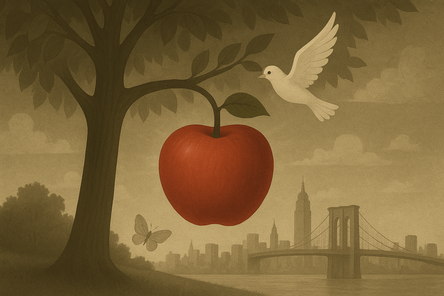 🍎 O Espírito da Big Apple
Um conto sobre personalidade, propósito e o desejo de ir além do que esperam de nós.
Afinal, há quem prefira ser escolhido — e há quem ouse escolher.

Dizem que, certa vez, em um pomar distante, nasceu um fruto diferente.
Trazia em si uma inquietude — uma vontade de ir além das raízes.
Desde pequena, sentia que a vida podia ser mais do que um simples pote de geleia.
Ela não queria amadurecer apenas para cair. Queria compreender o céu.
Apesar de ter nascido da mesma macieira, nunca se sentiu somente parte dela.
Enquanto as irmãs se vangloriavam da aparência da casca e da doçura da polpa, ela se perdia observando as borboletas, encantada com a possibilidade de um dia poder voar também.
— Sonhadora! — diziam. — Em vez de conversar com insetos, devia se preocupar em sobressair para que suas sementes sejam escolhidas na próxima safra!
Mas ela não queria ser escolhida. Queria escolher.
O tempo passou, e fez amizade com abelhas, joaninhas e até com algumas criaturas consideradas pragas.
Assim, o quintal passou a vibrar em harmonia — e os parasitas, sem sintonia com aquela vibração, buscaram outras plantações para habitar.
O lugar floresceu. Então, o mundo notou.
Um dia, chegaram homens com câmeras e microfones, tentando capturar o mistério daquela fazenda.
Ela pressentiu que algo sagrado estava para acontecer.
No instante em que o jornalista ergueu a lente, o panapanã coloriu o ar, e o sol rasgou as nuvens, iluminando seu galho.
Uma pomba branca pousou sobre ela — guardiã do instante.
E brilhou com uma intensidade jamais vista — como se o céu tivesse se inclinado para tocá-la.
A imagem correu o universo.
Símbolo do amor e da beleza, estampou capas de revistas, apareceu em comerciais e inspirou artistas.
Logo, os prêmios mais cobiçados da cidade — especialmente no mundo das corridas de cavalos — começaram a ser apelidados de “The Big Apple”, por causa do encanto e da grandeza daquele pomo vermelho.
O termo ganhou o coração dos nova-iorquinos e, mais tarde, tornou-se símbolo da metrópole que nunca dorme.
Desde então, dizem que o espírito da maçã vive em Nova York.
Esconde-se nas luzes dos arranha-céus, entre as árvores do Central Park e nas águas que cruzam o Hudson, no murmúrio das multidões que não param.
Porque a cidade, como ela, aprendeu a não se conformar com o cesto.
Aprendeu a brilhar.

@rschumaher