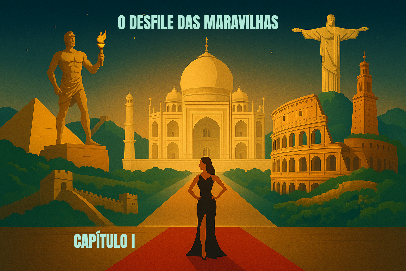 CAPÍTULO - I

🌿 Mensagem da Autora
Escrevi este texto movida por um amor antigo — o amor pela História.
Desde sempre, ela me fascina. Não apenas pelos fatos ou pelos nomes,
mas pelas vozes que ainda ecoam em cada pedra, em cada ruína, em cada sonho humano que ousou existir.
Desejo que, ao ler estas palavras, você também sinta um pouco dessa vibração.
Que perceba que a História não vive apenas nos livros,
mas no coração de quem ainda se emociona diante da beleza do que fomos —
e do que podemos voltar a ser.
Não quero ensinar. Quero lembrar.
Quero que você caminhe comigo entre as Maravilhas do Mundo Antigo
e, por um instante, perceba que nada foi realmente perdido.
Tudo ainda vive — dentro de nós.

🌿 Para os que amam a História,
👑 o passado se veste de gala
🎭 e o tempo aplaude de pé —
um encontro repleto de humor, brilho e reflexão.

O Desfile das Maravilhas
Quando a História volta aos holofotes — deuses e mortais descobrem que nem o tempo apaga o que é sublime.

A História, inquieta ao perceber que os humanos já quase não se lembram de suas próprias origens, decide realizar um encontro grandioso:
As Sete Maravilhas do Mundo Antigo frente a frente com as Celebridades do Mundo Moderno.
O encontro épico está repleto de egos, mistérios e muita pose.
O local escolhido: um centro de convenções imaginário em pleno Atlântico, onde ondas batem como aplausos e drones projetam lembranças de séculos atrás.
Somente os nomes mais influentes foram convidados: historiadores, artistas, arqueólogos, pensadores, governantes…
Atores norte-americanos conduzem a noite — afinal, amam espetáculos que transformam em cenas de Hollywood.
As Maravilhas Antigas cruzam o tapete vermelho como quem traz consigo o pó da idade.
As Modernas sussurram, com certo desdém:
— Quem ainda lembra desses monumentos velhos de pedra?
Ofendidas, as Antigas erguem suas colunas e respondem:
— A humanidade vive da memória. E nós somos memória.
O público silencia.
Os refletores se acendem.
O desfile do século XXI começa.

***************************************************************

⛰️ Maravilha Antiga – Grande Pirâmide de Gizé (Egito)
Ela surge com a elegância de quem reina sozinha por mais de quatro mil e quinhentos anos.
O mestre de cerimônias anuncia:
Única sobrevivente das Sete Maravilhas Antigas!
Símbolo do Faraó Quéops!
Cento e quarenta e seis metros quando jovem — quase sem rugas!
Guardiã de enigmas, astros e espíritos!
A Pirâmide desliza como supermodelo de granito:
— Não envelheci… apenas me petrifiquei com estilo.
O público aplaude. Até os drones reverenciam.

________________________________________

🧱 Maravilha Moderna – Grande Muralha (China)
Ela se estende por quilômetros, ondulando como serpente da Terra:
— Por favor, piramidinha… aqui chega a mais ilustre e longa do planeta.
A Pirâmide revira seus blocos e responde:
— Extensão não define grandeza, querida.
A Muralha rebate:
— Melhor comprida que saqueada por milênios.
Risos. A Pirâmide tosse de forma milenar, soltando um grão de areia:
— Magoei.
Os historiadores vibram. Os fotógrafos disparam flashes. E o evento prossegue.
________________________________________
🗼 Maravilha Antiga – Farol de Alexandria (Egito)
Um hieróglifo plasmado de luz e bronze se materializa.
Três andares que antes guiavam navios e sonhos.
Sentinela da Biblioteca de Alexandria e guia dos mares.
O personagem avança na passarela e diz:
— Eu era o farol que iluminava destinos, o wi-fi marítimo antes de qualquer bússola.
Ele faz movimentos circulares; seu ápice de espelho reflete a energia solar e ofusca os presentes, que se curvam diante do seu brilho.
Os artistas aplaudem.
________________________________________
✝️ Maravilha Moderna – Cristo Redentor (Brasil)
Acordes de bossa nova trazem harmonia.
Ele surge com trinta e oito metros de braços abertos, abraçando o mundo do alto do Corcovado.
Construído em pedra-sabão, símbolo da fé e da paz.
Sorri com serenidade e anuncia:
— Meu amigo Farol… eu também guio.
Mas guio corações.
O Farol pisca sua luz antiga:
— E quando um navio se perde? Você abre mais os braços?
Cristo sorri com calma celestial:
— Eu confio na fé do marinheiro.
A plateia dá um “ohhhh!”.
O Redentor deixa a passarela. As pessoas ficam em clima de oração.
________________________________________

O desfile continua no Capítulo II