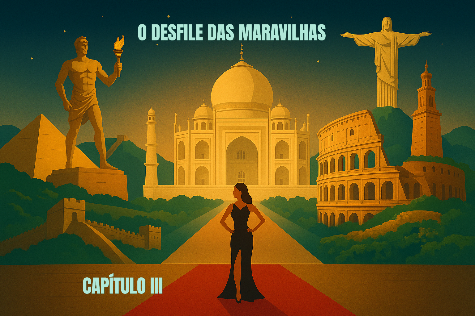 CAPÍTULO - III

💔 Maravilha Antiga – Mausoléu de Halicarnasso (Turquia)
A luz baixa, e o clima fica romântico e trágico se entrelaçam.
Surge o Mausoléu, com o coração arquitetado.
Erguido para homenagear Mausolo, o rei da Cária —
uma obra do amor de Artemísia, sua esposa.
Tem pilares, esculturas e uma pirâmide no topo:
mistura de estilos gregos, egípcios e lícios — “arquitetura fusão” antes de virar moda.
Ele suspira:
— Fui construído pela saudade.
E pela dor de uma união que nem a morte separou…
A audiência suspira.
Finalmente alguém sensível!
________________________________________
🤍 Maravilha Moderna – Taj Mahal (Índia)
E então, a porta se abre para… o maior romance em mármore já vivido.
Erguido pelo imperador Shah Jahan para sua amada Mumtaz Mahal.
Simetria perfeita, cristais semipreciosos, reflexos de lua no rio Yamuna…
O Taj Mahal avança entre seus quatro minaretes:
— Amor também me ergueu.
Mas para lembrar que a saudade pode ser bela como lápis-lazúli.
— Sou poema, sou lágrima, sou cúpula costurada com fios de ouro.
Eles trocam um olhar cúmplice.
O Mausoléu fecha os braços em colunas e pergunta:
— Copiou minha ideia de luto luxuoso?
Antes de você, quem chorava em mineral branco era eu!
O Taj responde com charme:
— Halicarnasso, por favor… sua beleza inspirou a minha.
Mas convenhamos: eu sou a versão de luxo.
O Mausoléu encara o destino em ruínas e conclui:
— O amor verdadeiro sobreviveu. A paixão de uma Artemísia me ergueu e você foi construído em memória a joia mais rara de um imperador. Permanecemos eternos.
Os espectadores se emocionam.
Até Zeus enxuga uma chispa discretamente.
________________________________________
🗿 Maravilha Antiga – Colosso de Rodes (Grécia)
Música épica ecoa.
A estátua de trinta e dois metros de altura, feita de bronze — um super-herói da Antiguidade — entra. Ainda com o olhar que guarda o porto, ele caminha com passos pesados.
O deus grego diz:
— Eu sou o protetor das navegações. Titã, deus do Sol.
Primeiro “supercolosso” que o mundo já viu!
Eu vislumbro a grandeza de Rodes. Sob meus pés, o Egeu pede passagem.
Um terremoto me derrubou do pedestal.
Os paparazzi antigos ficaram traumatizados com o meu tombo colossal.
O auditório faz reverência imediata.
________________________________________
🏛️ Maravilha Moderna – Coliseu (Itália)
Rugidos de feras ecoam. Ele entra.
Eis então a maior arena de gladiadores que Roma já ergueu:
cinquenta mil espectadores, batalhas, espetáculos, um mundo inteiro gritando “Ave!”.
O Coliseu observa o colega grego:
— Me desculpe, mas… ser “colosso” não é só altura.
— É aguentar o peso da história sem cair na primeira trepidação.
O Colosso cruza os braços de bronze:
— Querido, você faz o mundo acreditar que tapas e leões são entretenimento saudável…
O Coliseu responde orgulhoso:
— Espetáculo é espetáculo.
E eu ainda sou o cartão-postal mais clicado do nosso continente.
O Colosso dá uma piscadela metálica:
— Ok… você é grande.
— Mas “colosso”, só eu.
A plateia vai ao delírio.
O narrador quase precisa intervir com escudos e calmantes homéricos.
________________________________________

O desfile continua no Capítulo IV