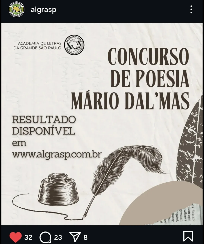 A vida é assim: te dá uma rasteira e depois um afago...

A alegria não cabe mais no meu peito, então estou vindo dividir com vocês:
Saiu o resultado do Concurso de Poesia Mário Dal'Mas, promovido pela Academia de Letras da Grande São Paulo.
E meu poema "A Flauta" GANHOU!
PRIMEIRO LUGAR!
OBAAAAAA!!! 🥰
Muito obrigado à Algrasp, aos jurados e a todos os que torceram por mim!
Como morador da região, ser premiado nesse concurso de alcance nacional é uma honra sem tamanho! ♥️❤️♥️