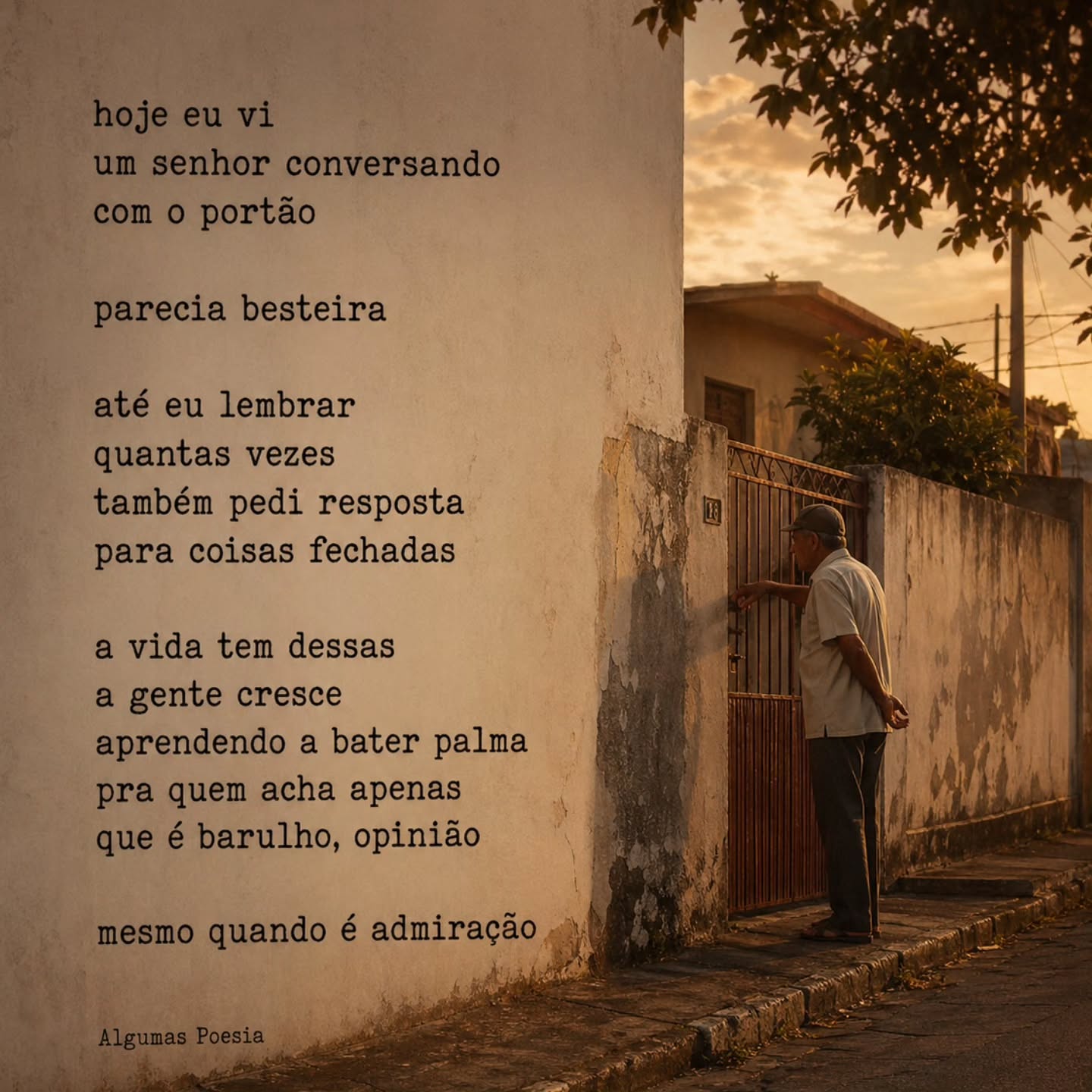 hoje eu vi
um senhor conversando
com o portão

parecia besteira

até eu lembrar
quantas vezes
também pedi resposta
para coisas fechadas

a vida tem dessas
a gente cresce
aprendendo a bater palma
pra quem acha apenas
que é barulho, opinião

mesmo quando é admiração

Referências originais:
Facebook: https://www.facebook.com/photo.php?fbid=1477199311101224&set=pb.100064335086585.-2207520000&type=3
Instagram: https://www.instagram.com/p/DXvThRajOec/
Data visível no Facebook: 29 de abril às 23:31