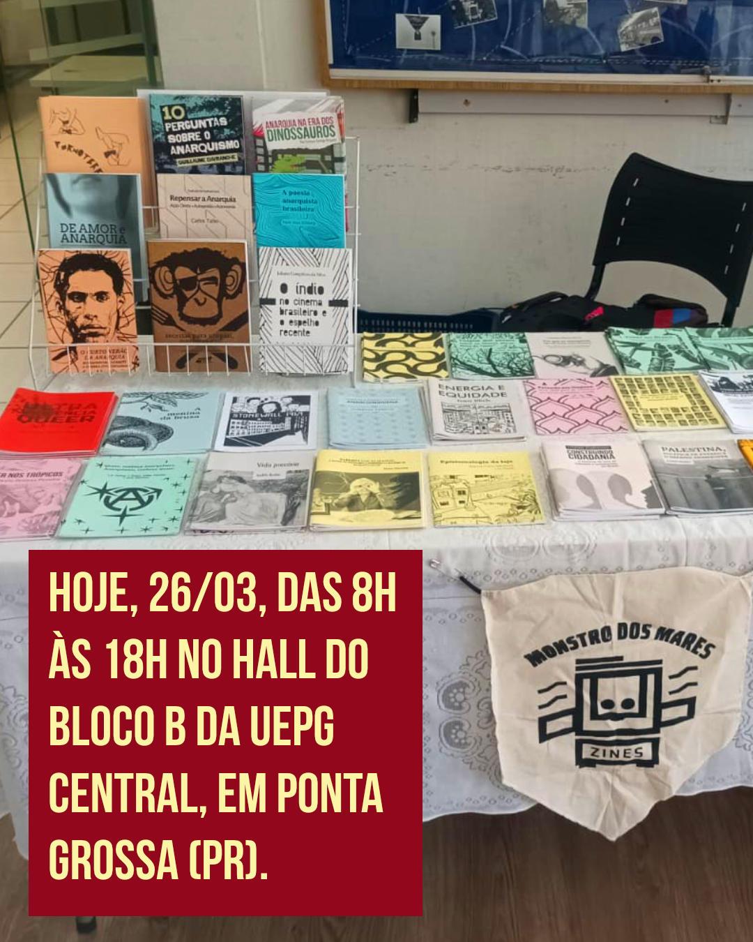 Hoje, 26/03, das 8h às 18h, a Editora Monstro dos Mares está no hall do Bloco B da UEPG Central, em Ponta Grossa (PR).Livros e zines do catálogo disponíveis com Caronte Mayer, com uma seleção especial de materiais da editora. Passa lá para conhecer as publicações e fortalecer a circulação editorial independente.

Fonte: https://mastodon.social/@monstro/116295328142023785
#fediverse #livro #literatura