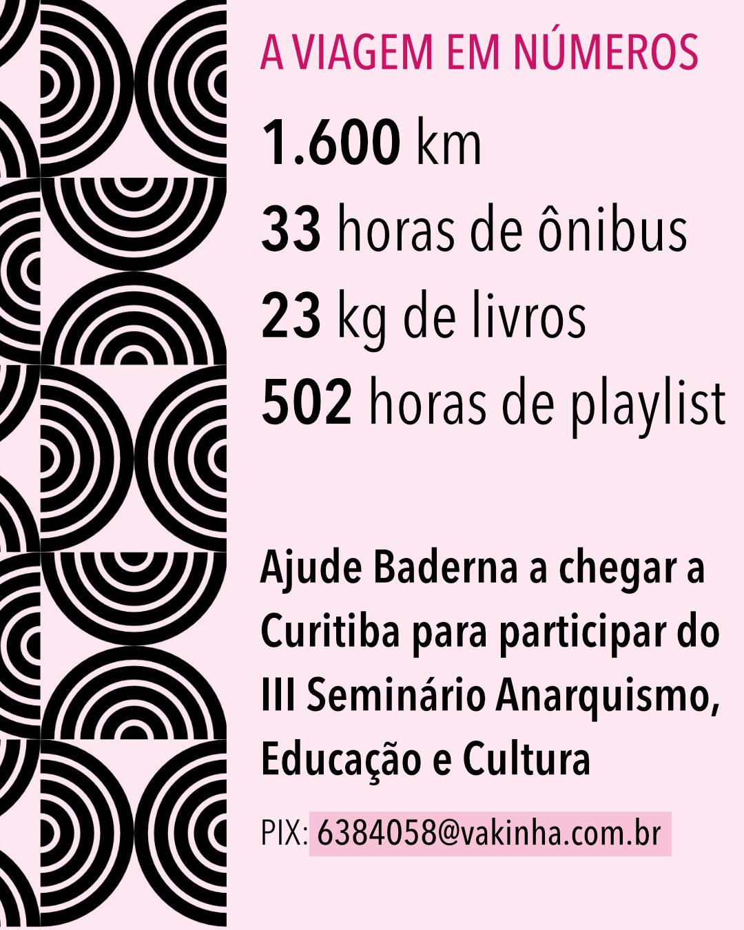 1.600 km de estrada, 33 horas de ônibus, 2 baldeações, 23 kg de livros e uma playlist com 502 horas para garantir trilha sonora suficiente.Em dezembro, Baderna segue de Cachoeira do Sul até Curitiba para participar do III Seminário Anarquismo, Educação e Cultura e apresentar sua pesquisa sobre a Monstro dos Mares.A viagem está cada vez mais perto de acontecer, mas ainda precisamos de apoio para chegar até lá.PIX: 6384058@vakinha.com.brhttps://vakinha.com.br/6384058

Fonte: https://mastodon.social/@monstro/117458082433763747
#fediverse #livro #literatura